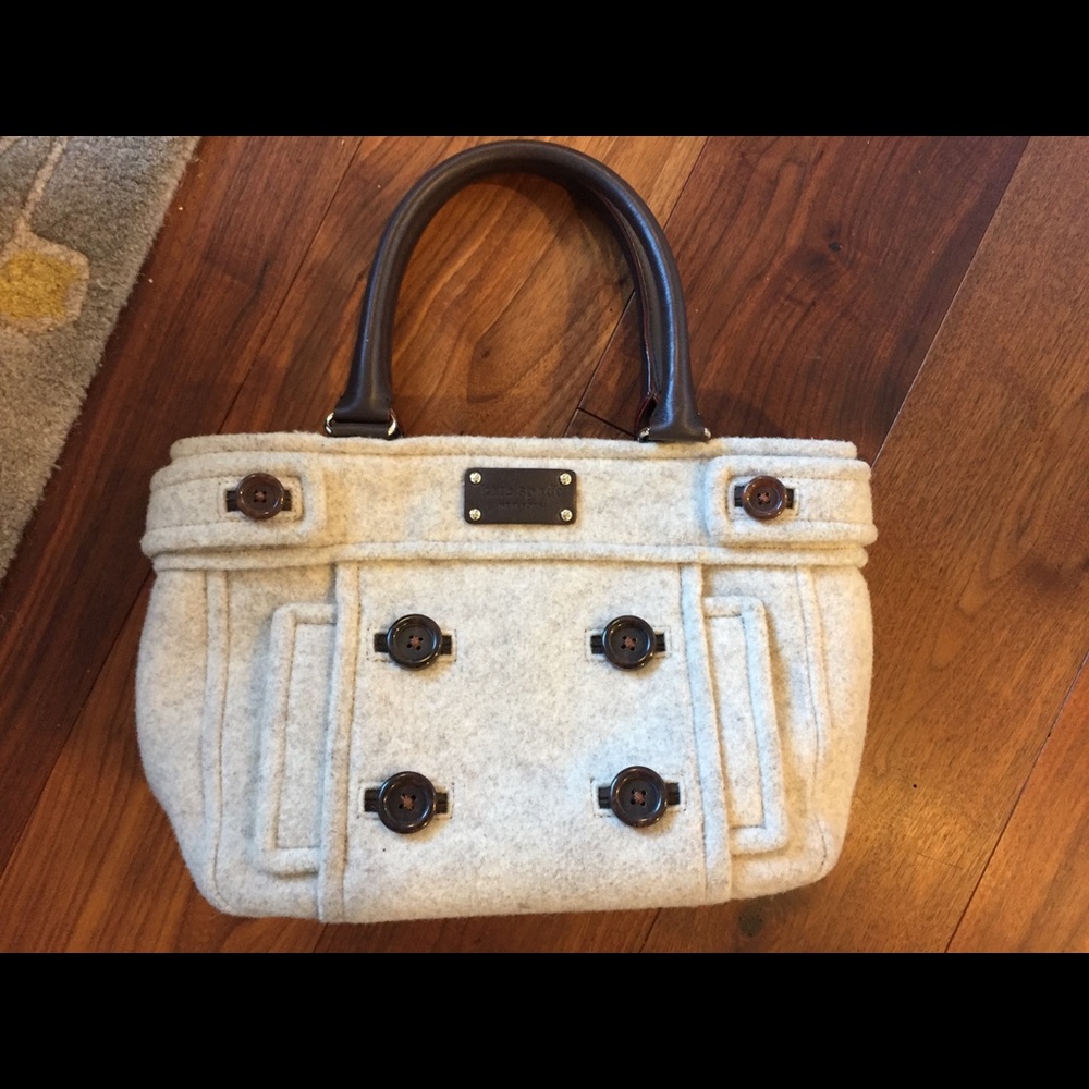 Kate Spade Beige Wool Brown Leather Tote Handbag